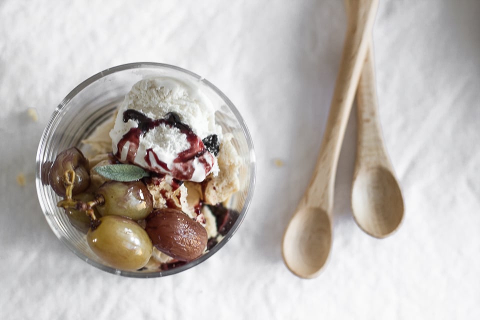 Eaton Mess with Wine Poached Grapes and Red Wine Caramel Sauce