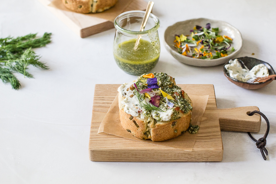 Smoked Salmon Chive Rolls with Dill Lemon Pesto
