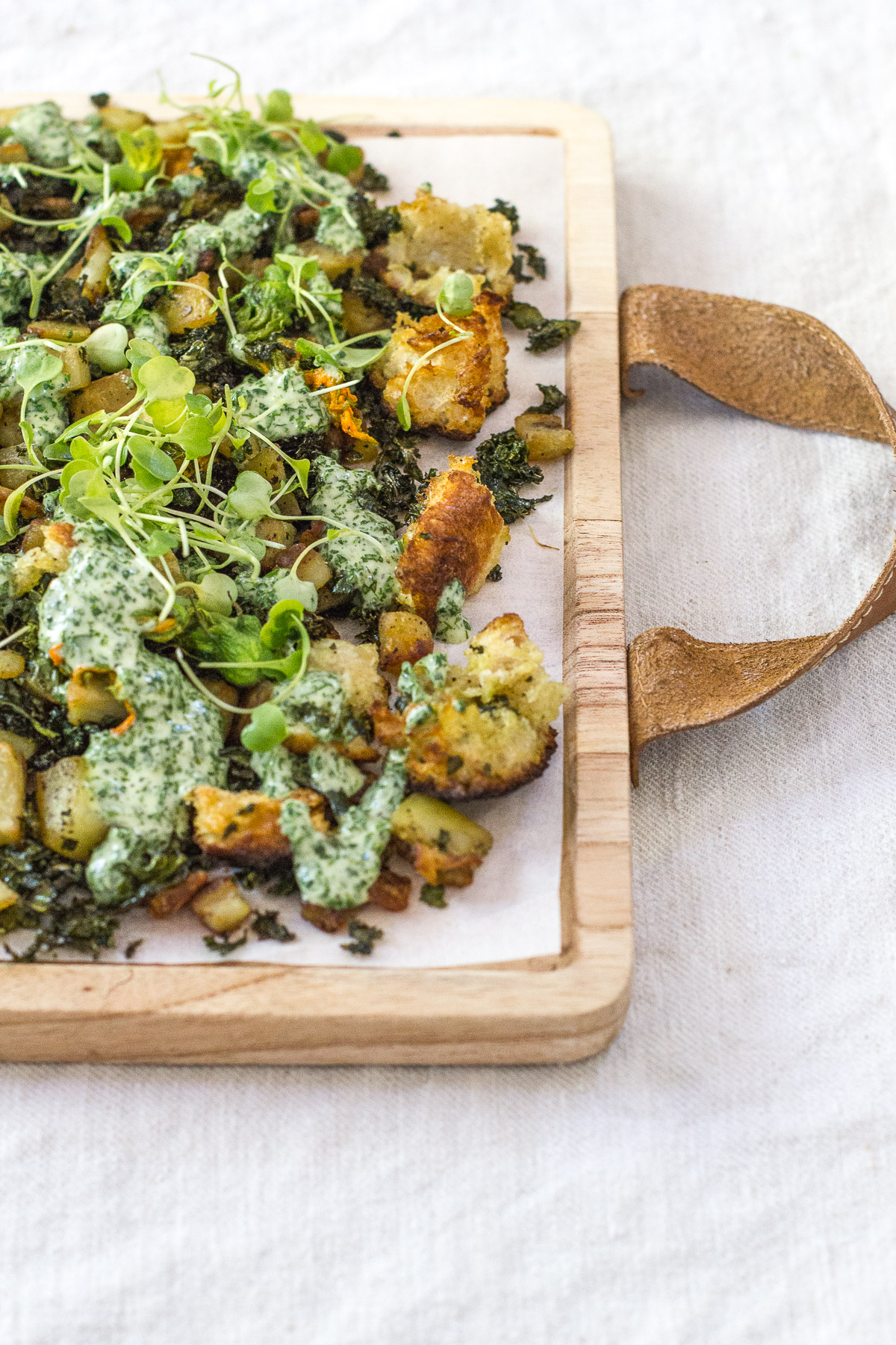 Crispy Kale and Potato Has with Green Goddess Drizzle