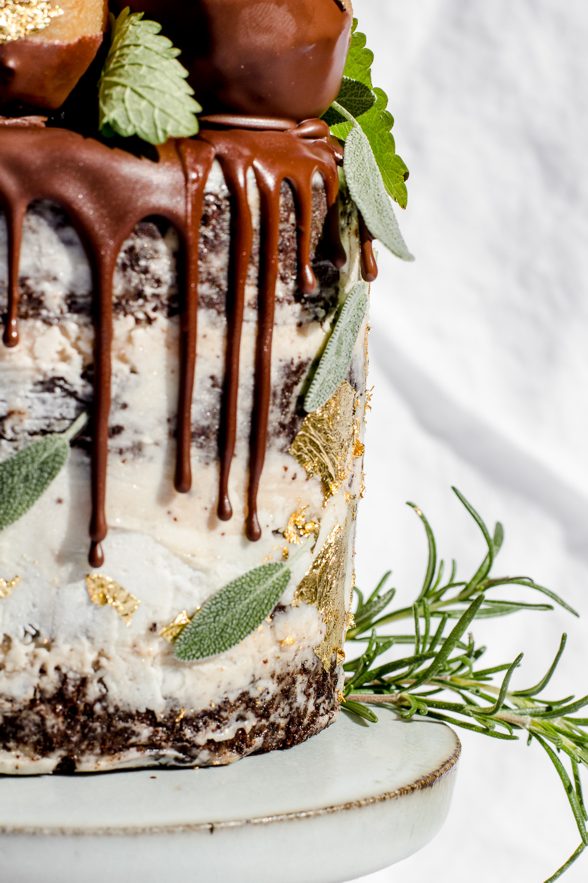 chocolate chestnut cake with golden poached pears