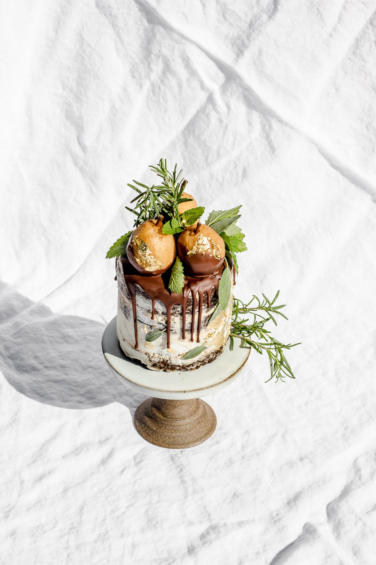 chocolate chestnut cake with golden poached pears