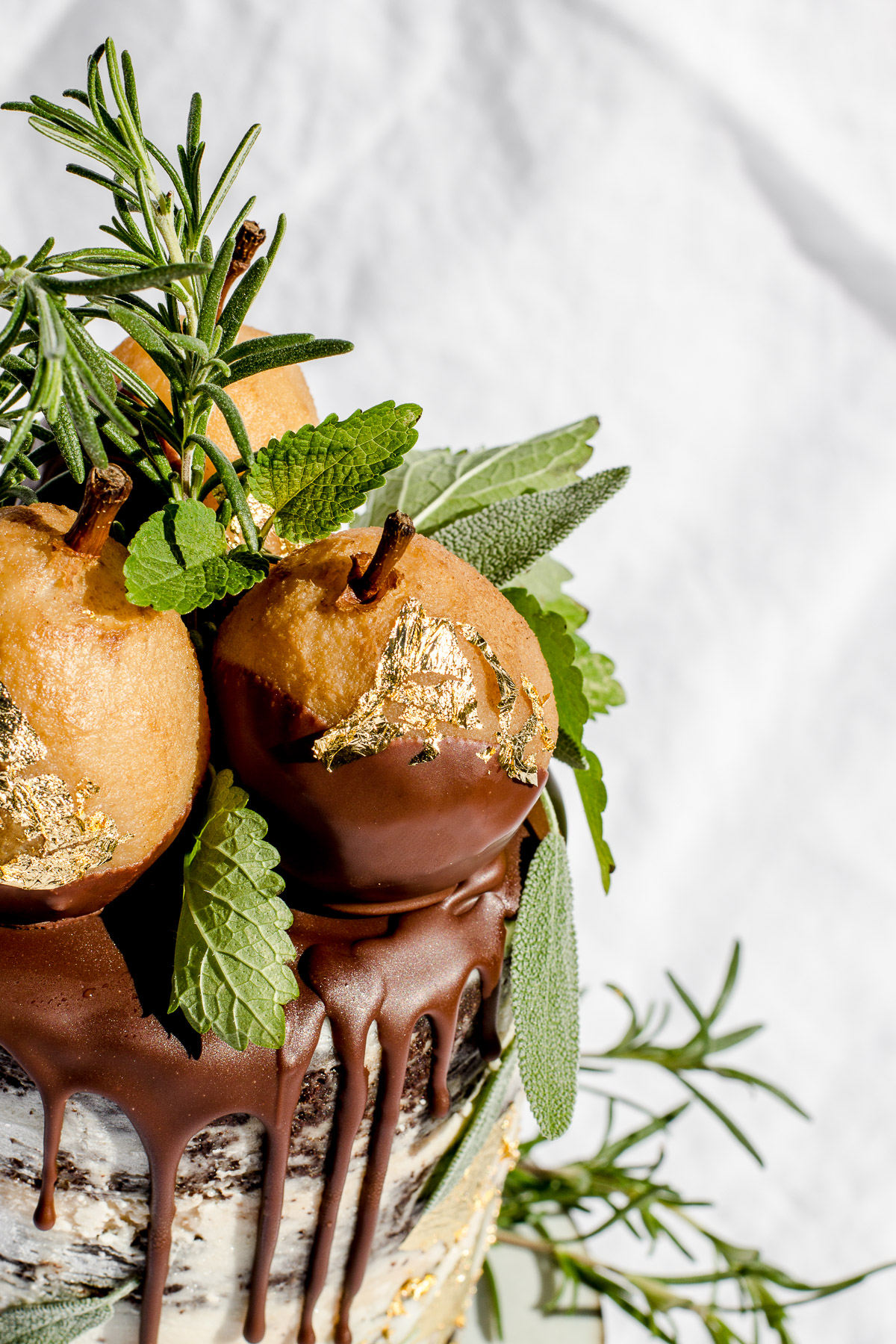 chocolate chestnut cake with golden poached pears