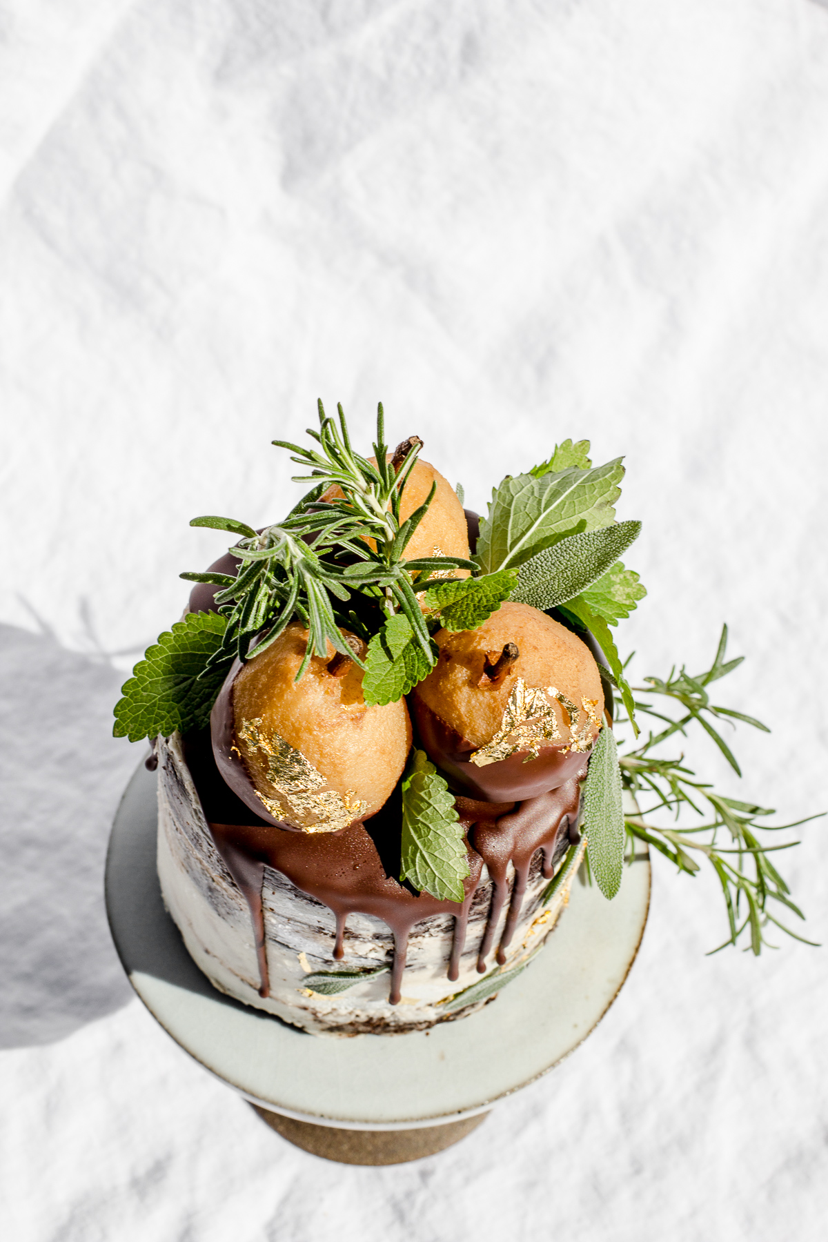 chocolate chestnut cake with golden poached pears