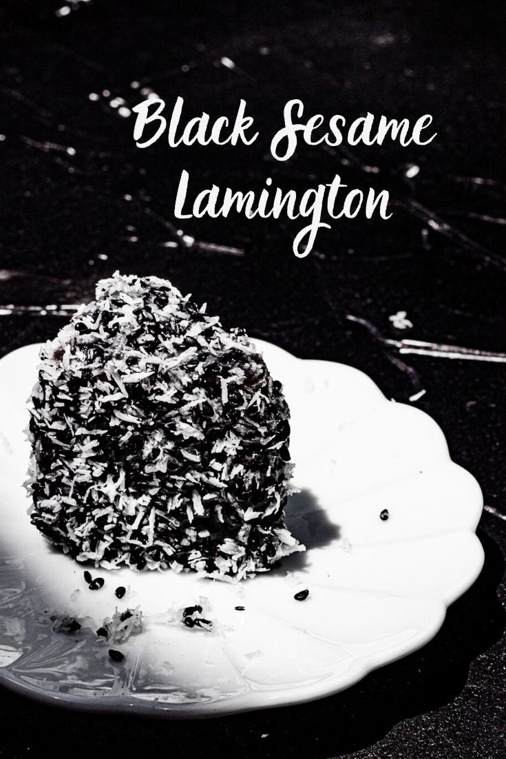 Black Sesame Lamington on a plate.