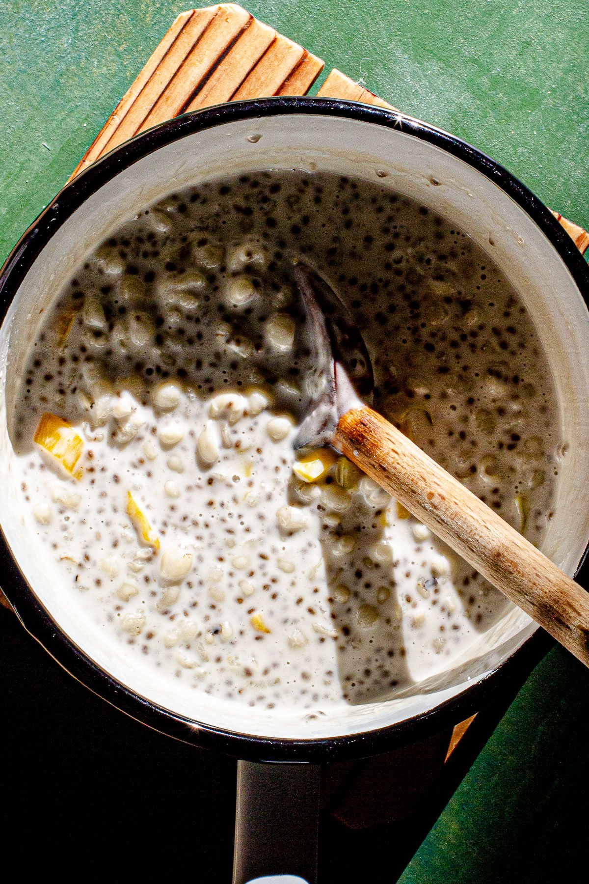 Adlai cooked in coconut milk, chia seeds and langka (jackfruit).
