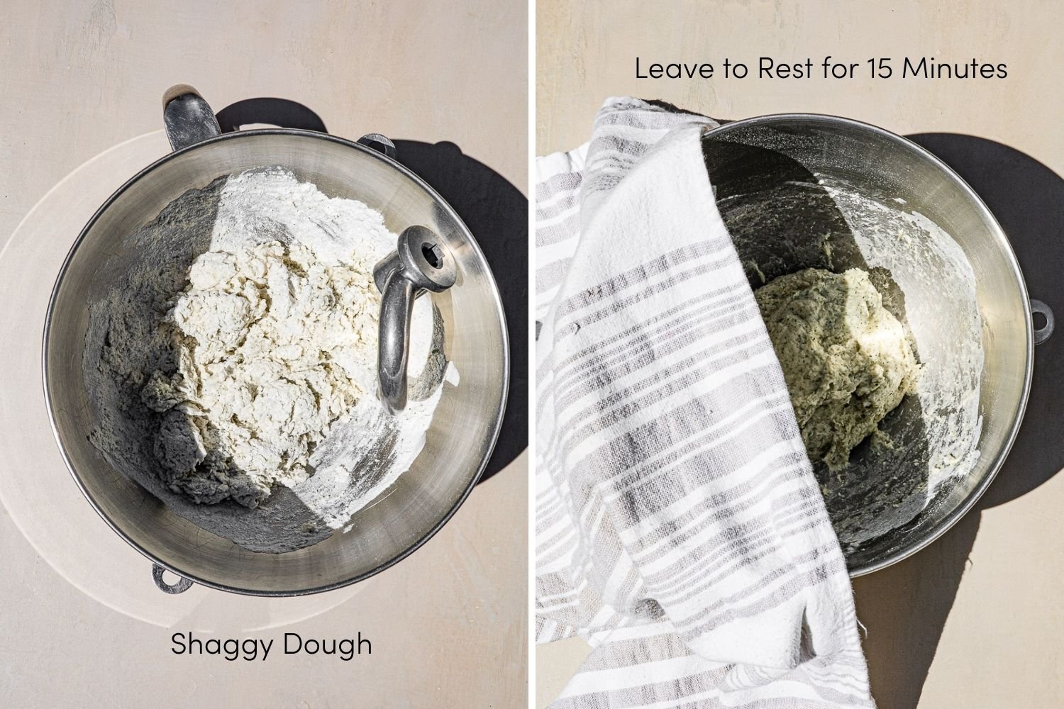 Image on the left is a sliver mixing bowl filled with shaggy dough with a dough hook.  Image on the left is the dough after being mixed for 2 minutes half covered with a tea towel.