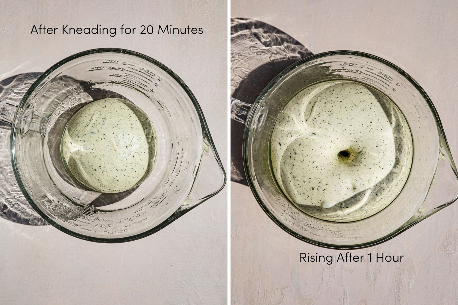 Image on the left is a small bowl of dough in a glass mixing bowl.  Image on the right is a risen dough with a hole poked right in the middle.