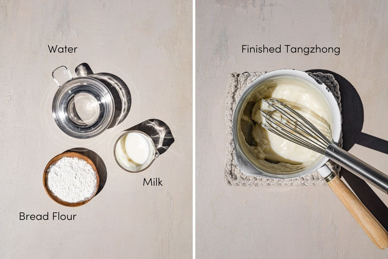 Image on the left is of a cup of water, cup of milk and a bowl of bread flour in a wooden bowl.  Image on the right is finished tangzhong in a sauce pan with a whisk in the pan.  The pan is on a cream pot holder.