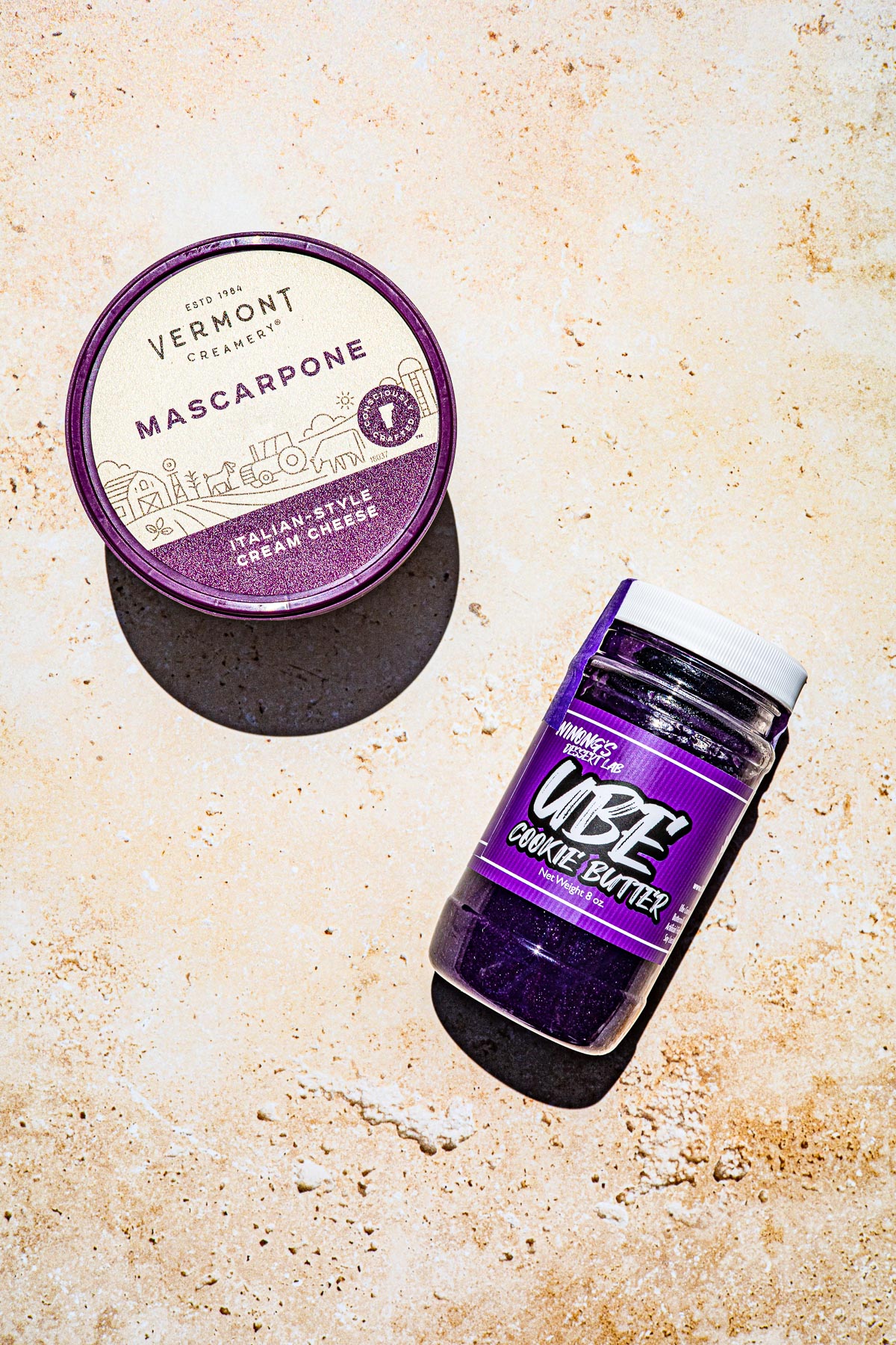 Tub of Mascarpone cheese and 1 jar of Ube Cookie Butter.