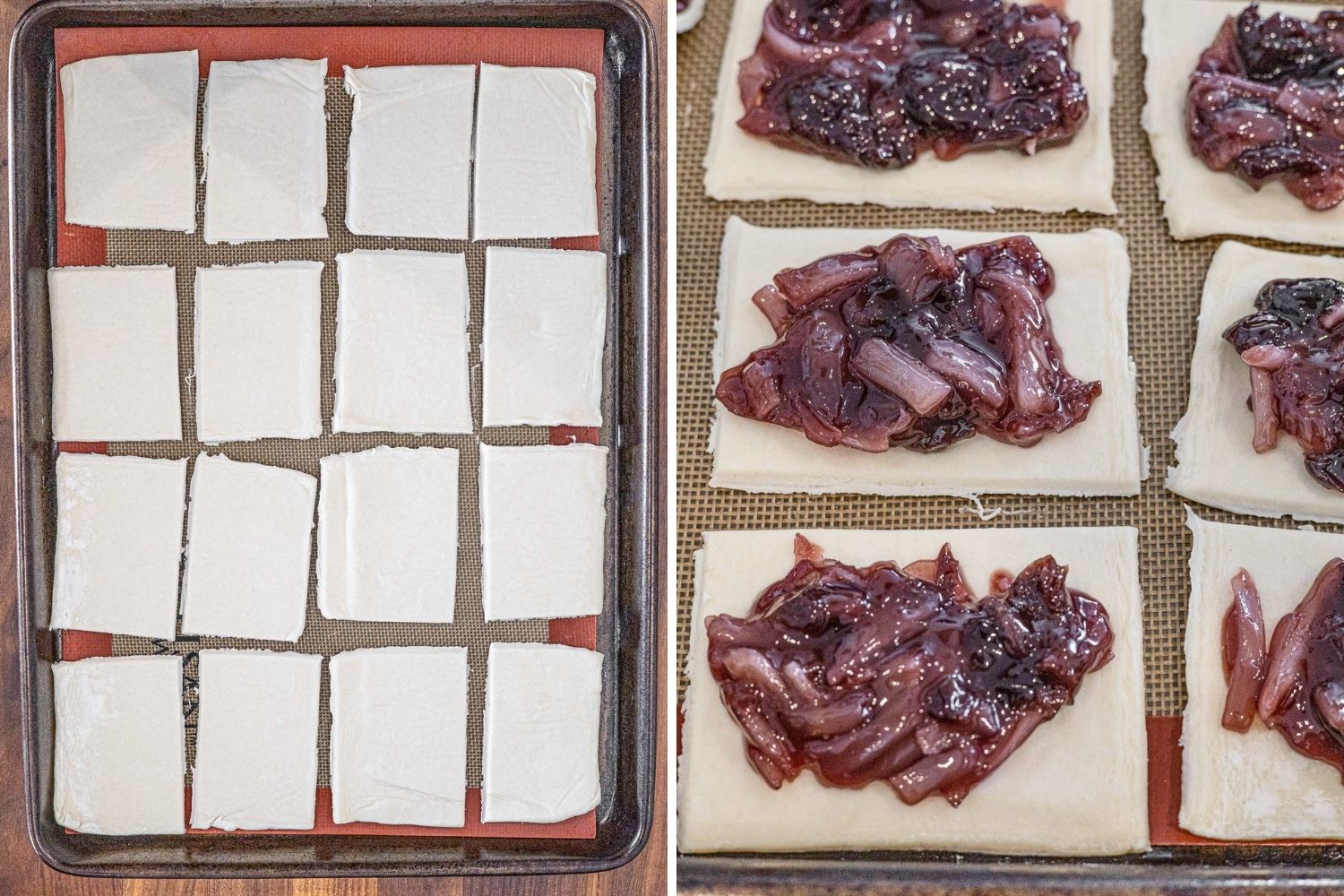 Puff pastry cut into 16 rectangles and pie filling on top of the pastry. 
