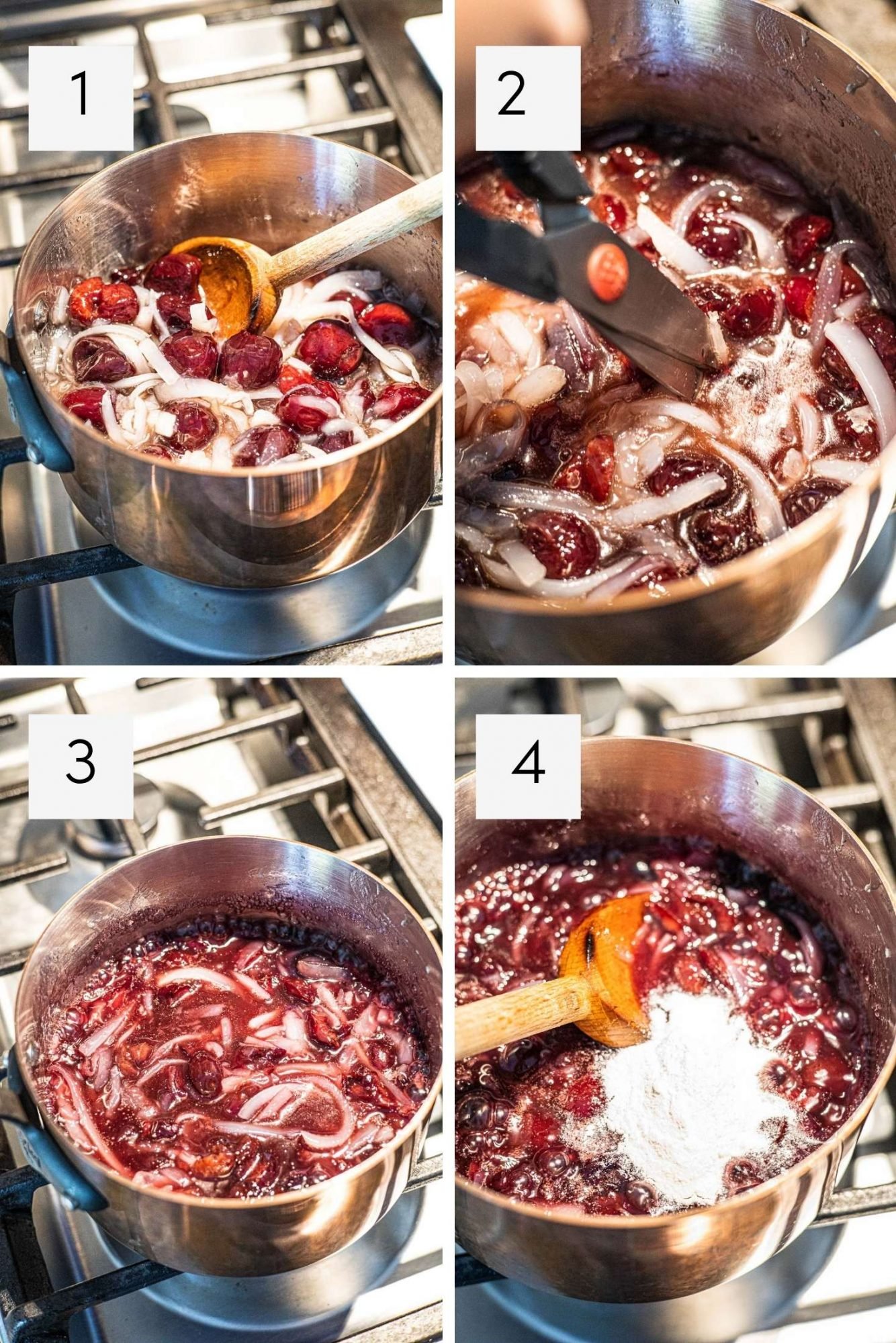Step by step images of pie filling being made.