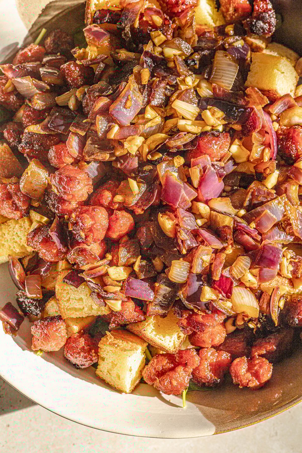 Filipino Thanksgiving Stuffing MIxture in a bowl.  Up close.