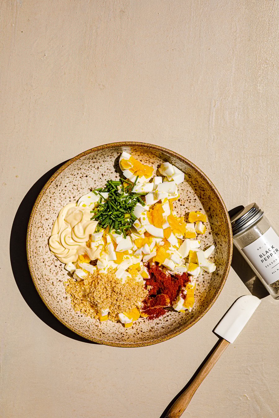 Palabok Egg Salad ingredients before mixing.