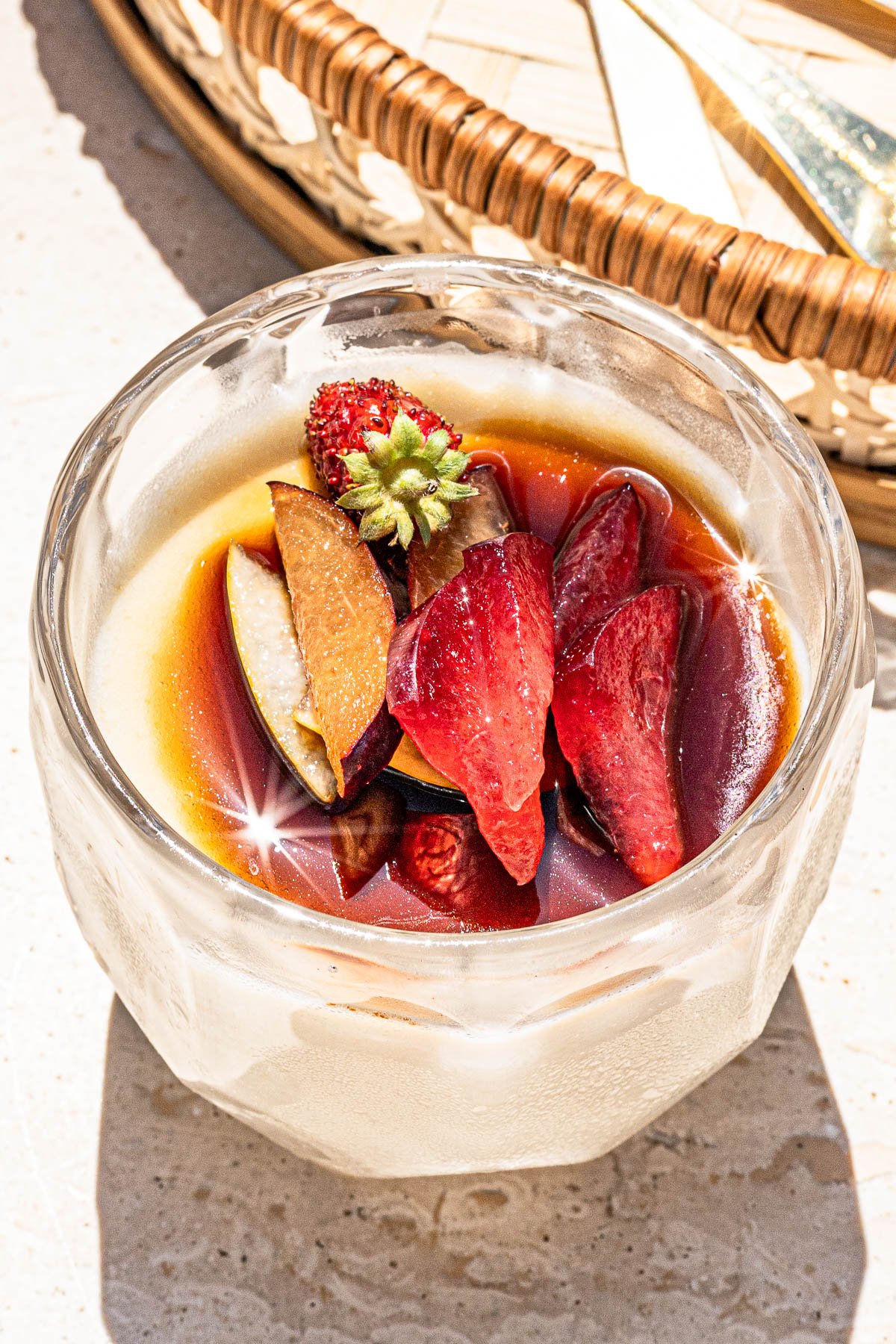 Close up of Almond Jelly with Tofu in a glass.