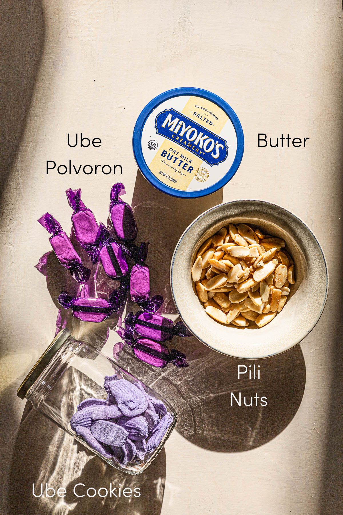 Ube Pili Polvoron Streusel ingredients.