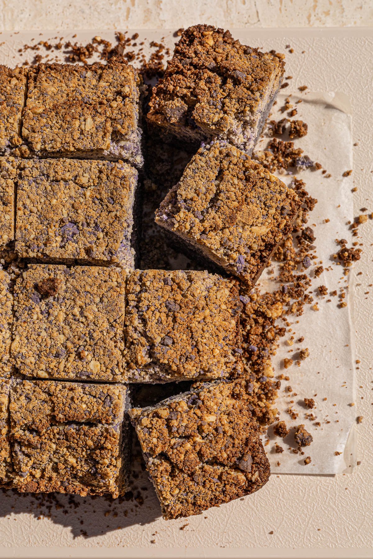 Cut squares of Ube Coffee Cake