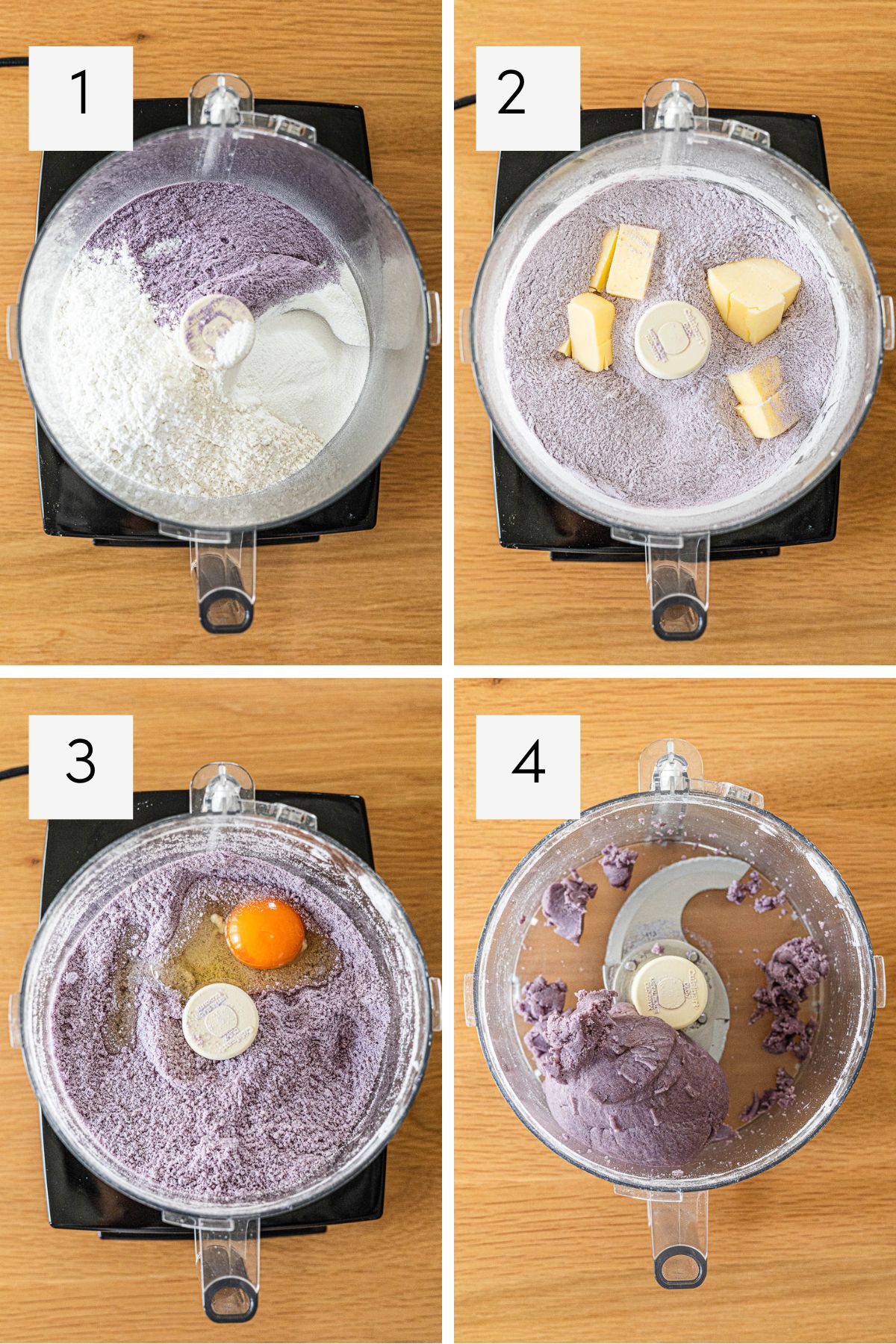Steps 1 to 4 of making Ube Tea Cookie dough in a food processor.