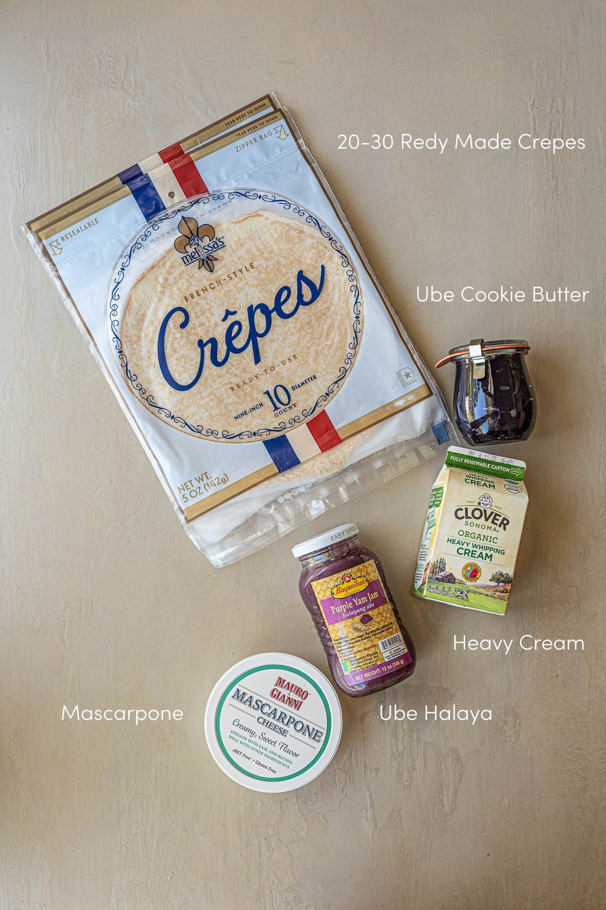 Crepes in a bag, mascarpone, ube halaya, cream, ube cookie butter.